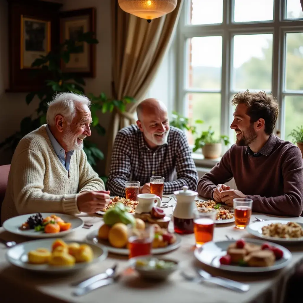 Un groupe d'hommes discutant autour de tasses de thé, promouvant la santé.